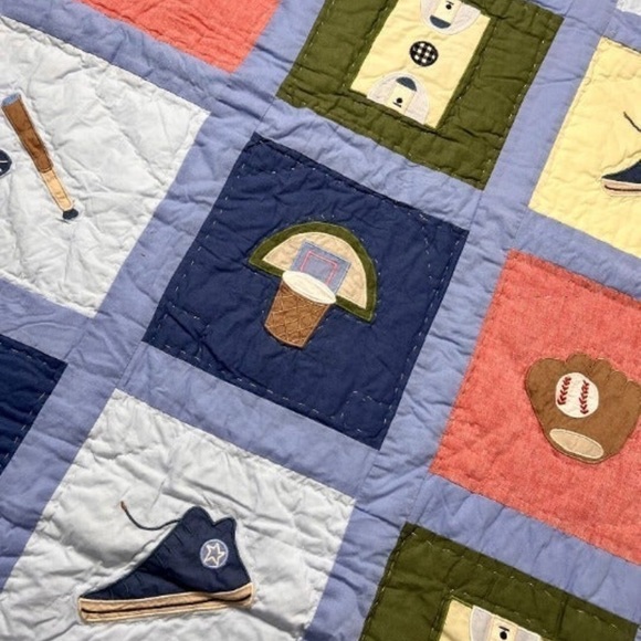 Vintage Sports Patchwork Embroidery Baby/Toddler Cotton Crib Quilt Hand Stitched - Picture 2 of 2